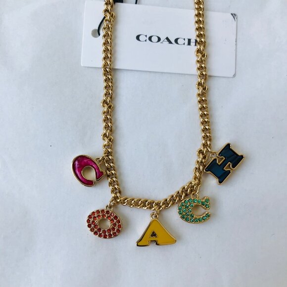 COACH Signature Gold-Tone/ Multicolor Embellished Logo Necklace w Jewelry bag - Picture 3 of 10